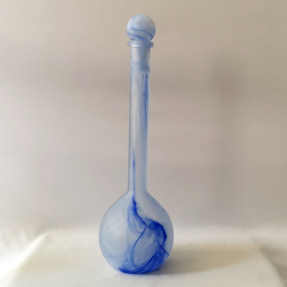 Made in Turkey Tall Glass Decorative w/ Stopper, Dark & Light Blue with White